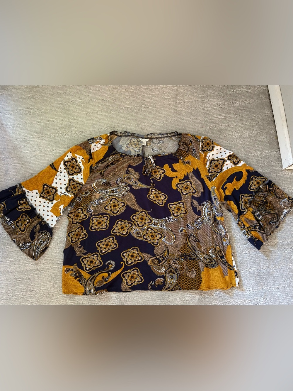 Cato Est 1946 Plus Size 22/24W Paisley Peasant Blouse Navy Gold Rayon Boho